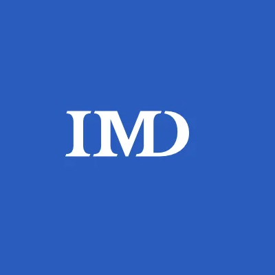 Logo of IMD on a blue background.